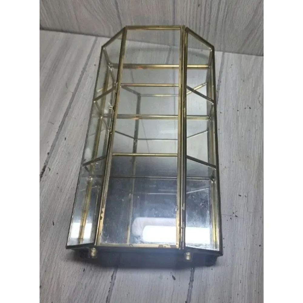 Vtg Glass Mirror Brass Curio Trinket Display Cabinet 3 Shelves Miniatures FLAW
